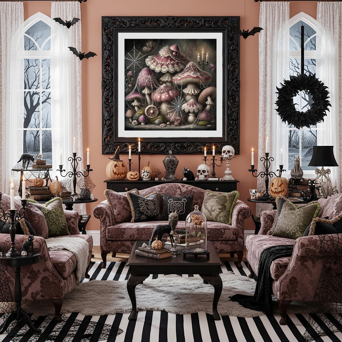 Gothic Mushroom Art Print: Whimsical Spiderweb Halloween Decor (Digital Download)