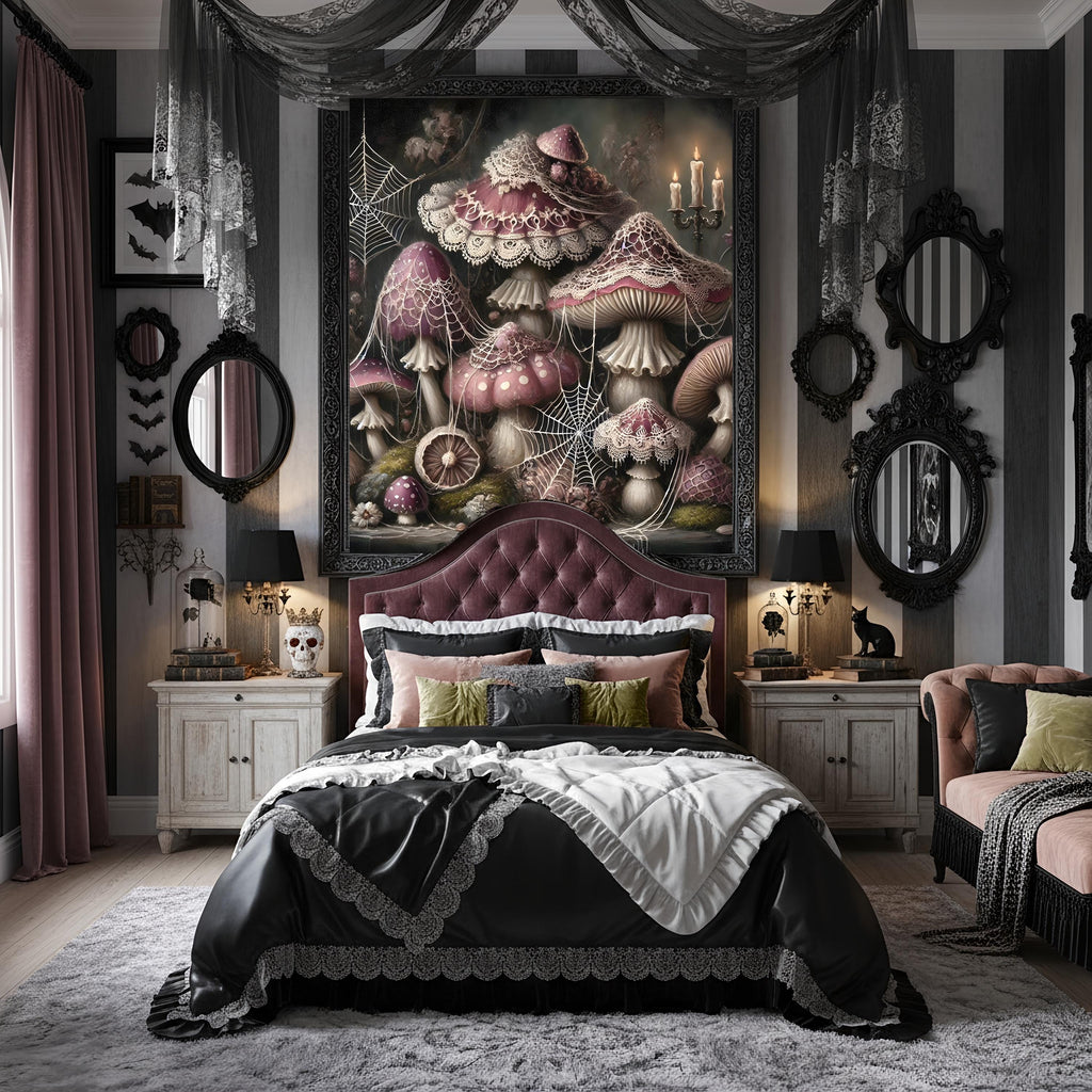 Gothic Mushroom Art Print: Whimsical Spiderweb Halloween Decor (Digital Download)