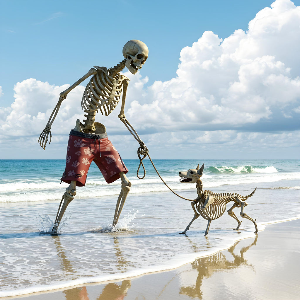 Skeleton Man Walking Dog Beach Print: Funny Gothic Halloween Decor (Digital Download)