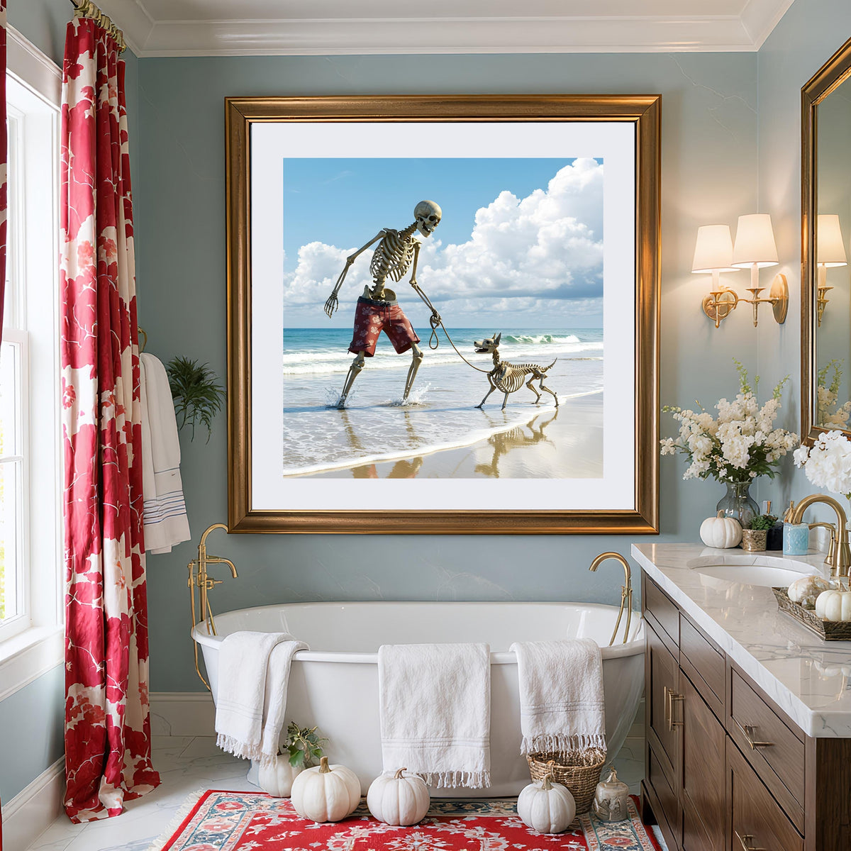 Skeleton Man Walking Dog Beach Print: Funny Gothic Halloween Decor (Digital Download)