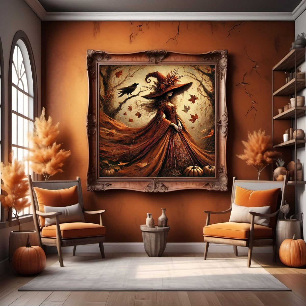 Autumn Witch Art Print: Gothic Halloween Decor (Digital Download PNG
