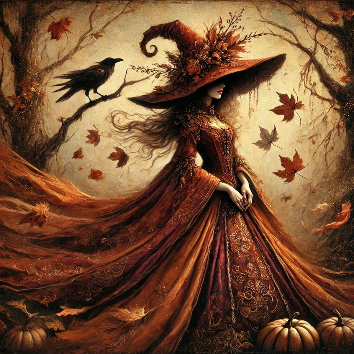 Autumn Witch Art Print: Gothic Halloween Decor (Digital Download PNG