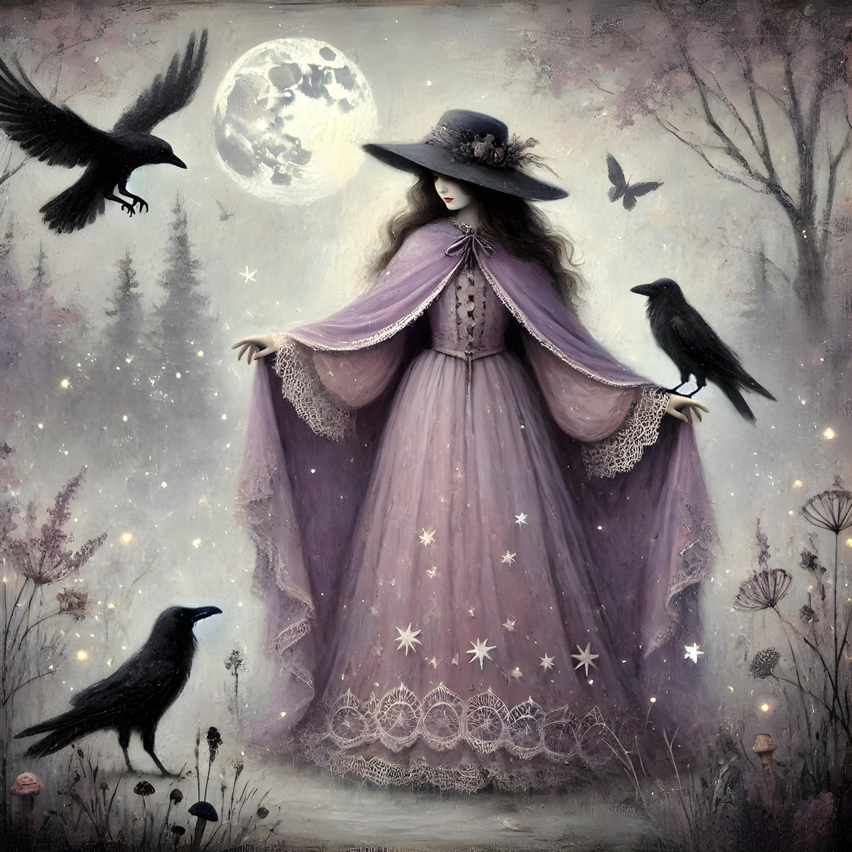 Gothic Lavender Witch Raven Art: Vintage Halloween Fantasy (Digital Download)