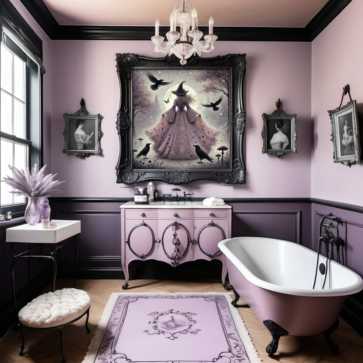 Lavender Witch Raven Art Print: Gothic Halloween Decor (Digital Download PNG)
