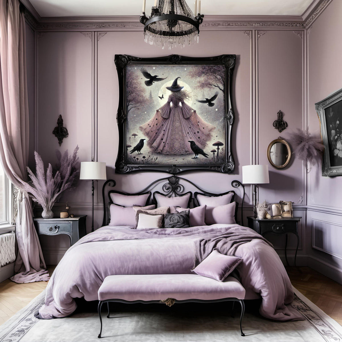 Lavender Witch Raven Art Print: Gothic Halloween Decor (Digital Download PNG)
