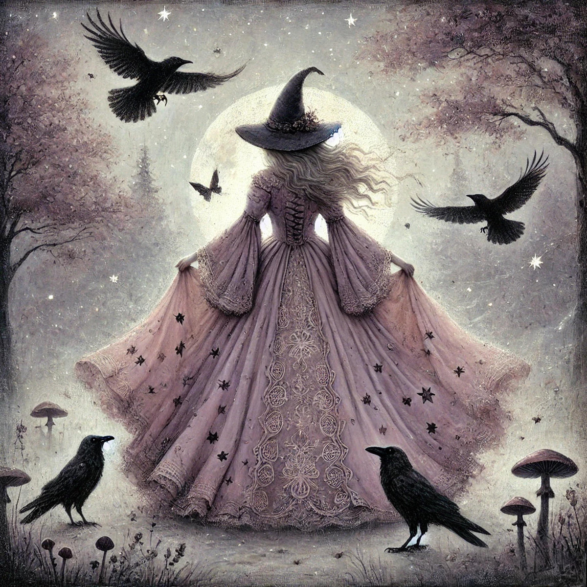 Lavender Witch Raven Art Print: Gothic Halloween Decor (Digital Download PNG)