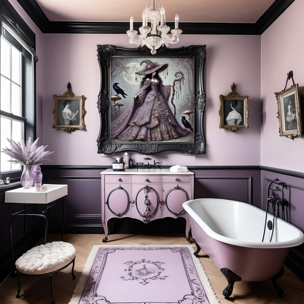 Vintage Gothic Witch Art Print: Lavender Cloak, Ravens (Digital Download PNG 4096x4096px)