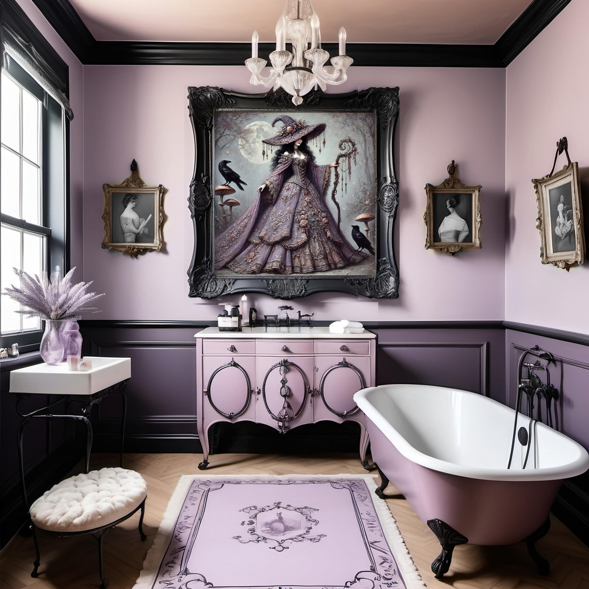 Vintage Gothic Witch Art Print: Lavender Cloak, Ravens (Digital Download PNG 4096x4096px)