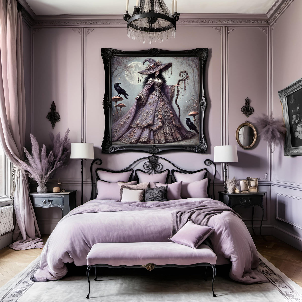 Vintage Gothic Witch Art Print: Lavender Cloak, Ravens (Digital Download PNG 4096x4096px)