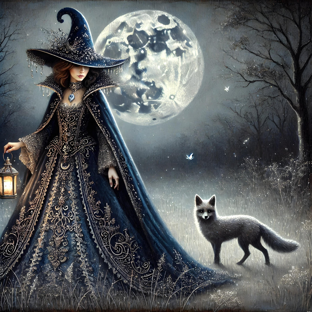 Gothic Witch and Fox Art Print: Moonlit Forest Fantasy (Digital Download)