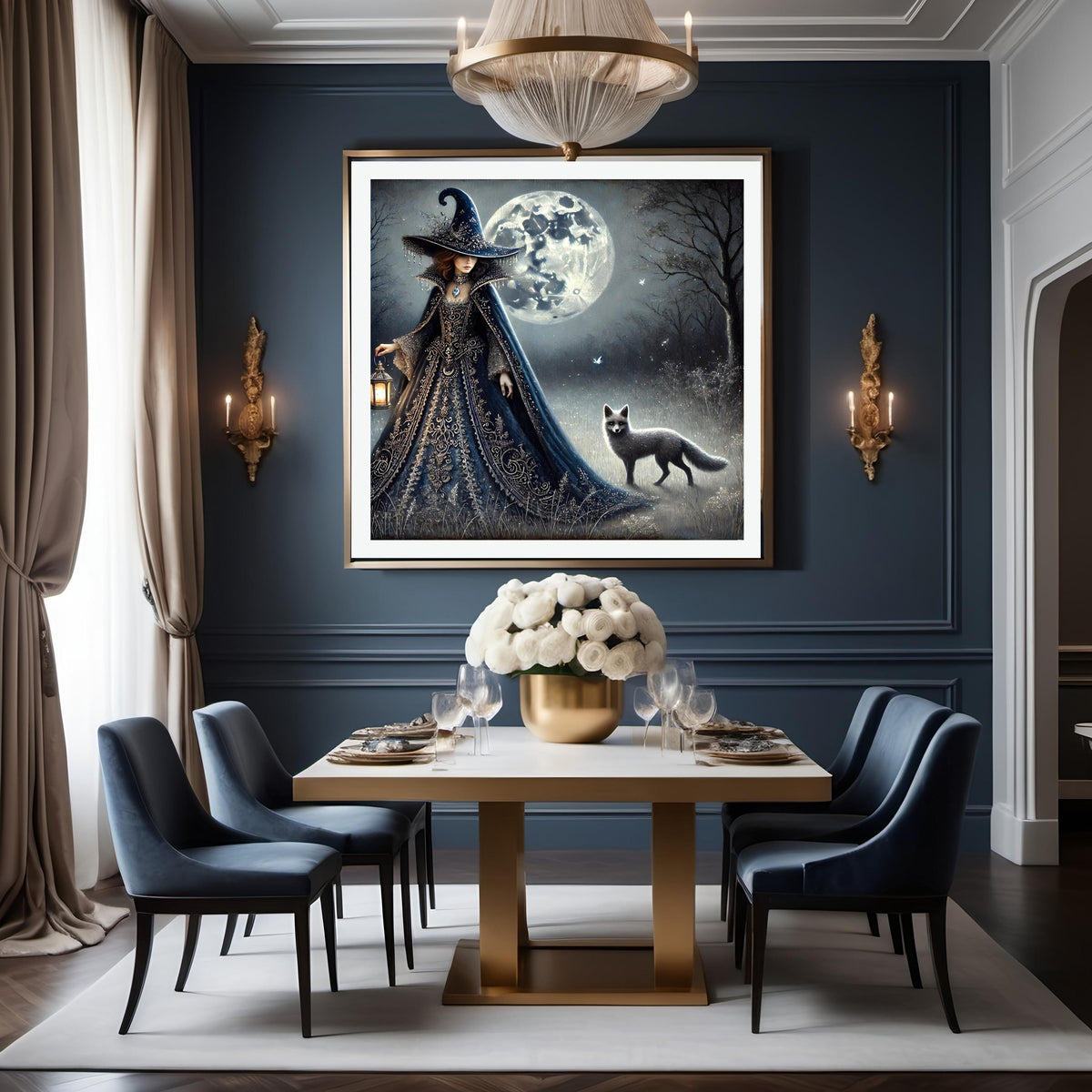 Gothic Witch and Fox Art Print: Moonlit Forest Fantasy (Digital Download)