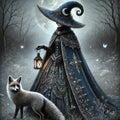 Gothic Witch and Fox Print: Moonlight Fantasy Art (Digital Download PNG)