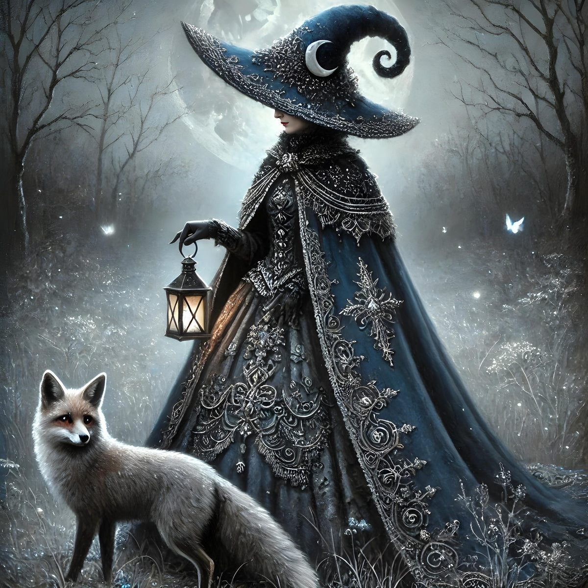 Gothic Witch and Fox Print: Moonlight Fantasy Art (Digital Download PNG)