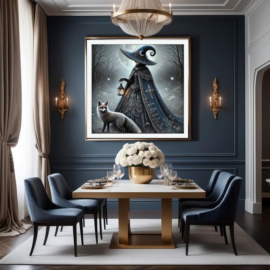 Gothic Witch and Fox Print: Moonlight Fantasy Art (Digital Download PNG)