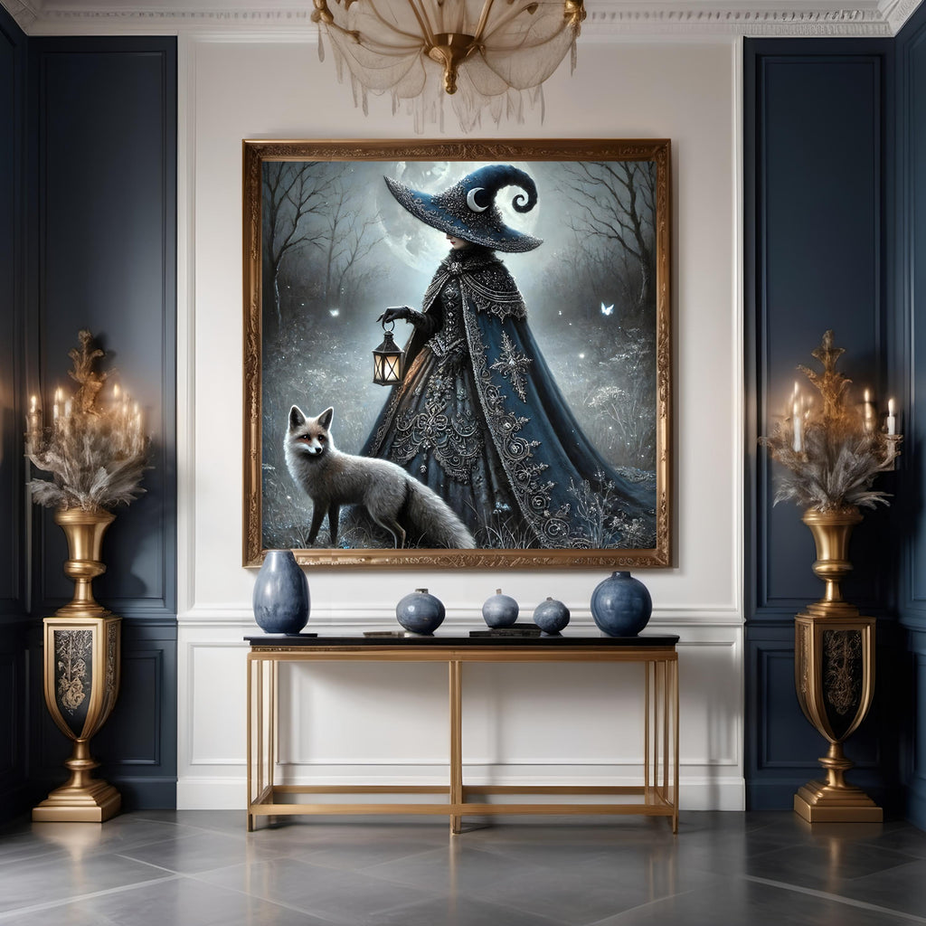 Gothic Witch and Fox Print: Moonlight Fantasy Art (Digital Download PNG)