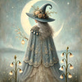Waxing Moon Witch Art Print: Gothic Fantasy Celestial Decor (Digital Download PNG 4096x4096px)