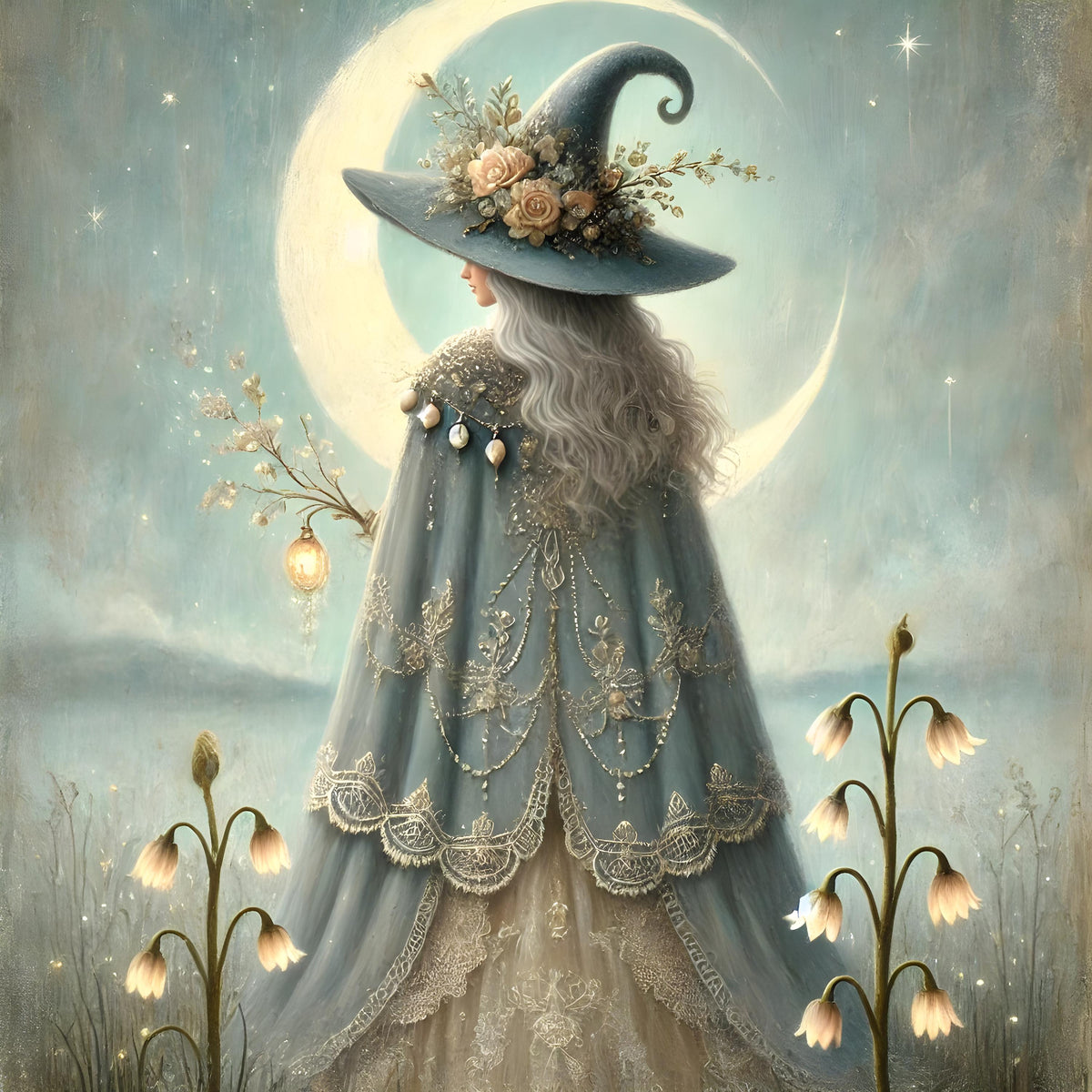 Waxing Moon Witch Art Print: Gothic Fantasy Celestial Decor (Digital Download PNG 4096x4096px)