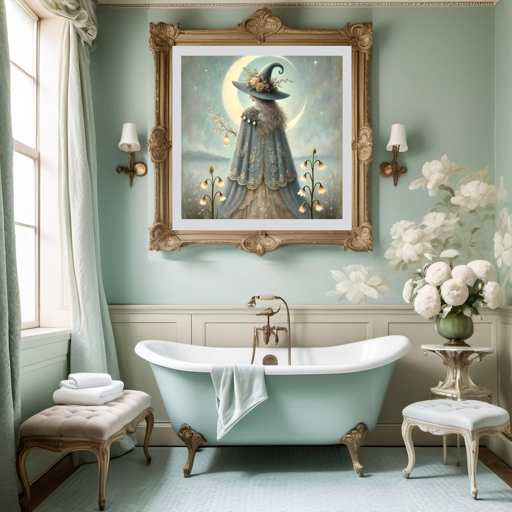 Waxing Moon Witch Art Print: Gothic Fantasy Celestial Decor (Digital Download PNG 4096x4096px)