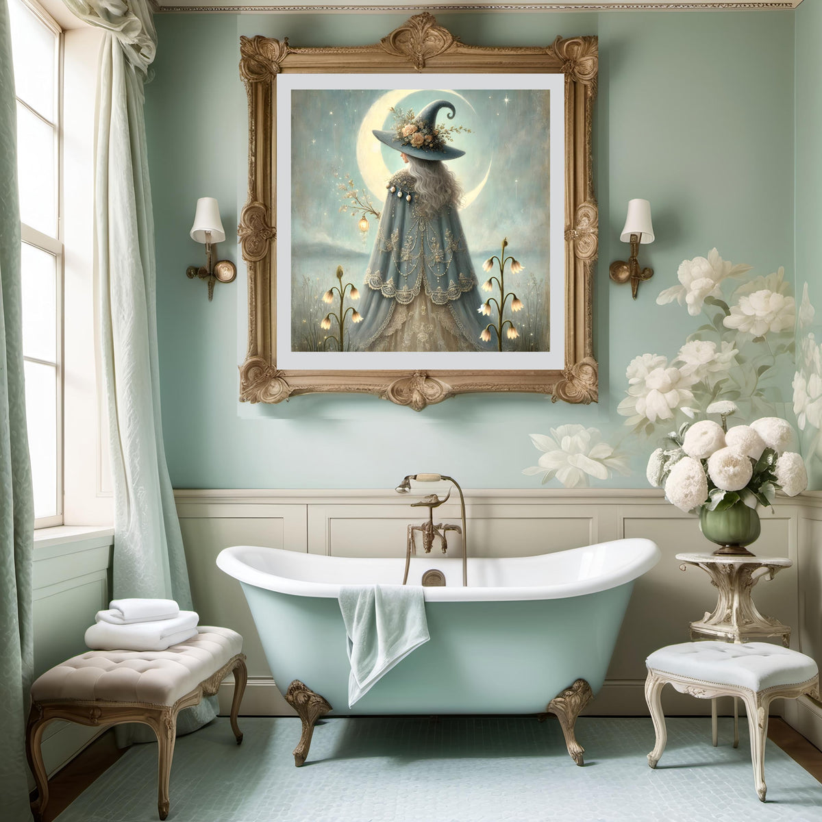 Waxing Moon Witch Art Print: Gothic Fantasy Celestial Decor (Digital Download PNG 4096x4096px)