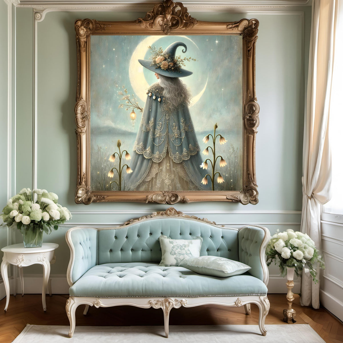 Waxing Moon Witch Art Print: Gothic Fantasy Celestial Decor (Digital Download PNG 4096x4096px)