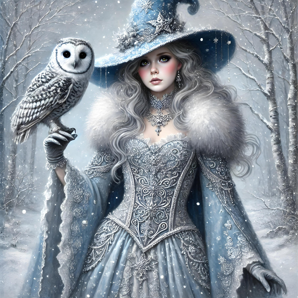 Gothic Snow Witch Art Print: Winter Owl Fairytale (Digital Download