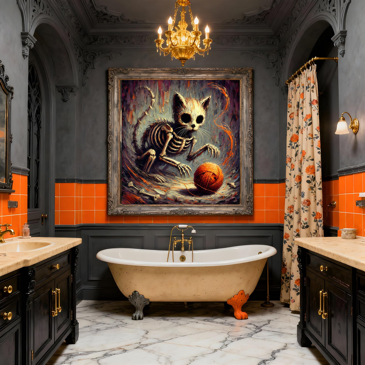 Skeleton Kitten Gothic Art Print: Macabre Halloween Decor (Digital Download)