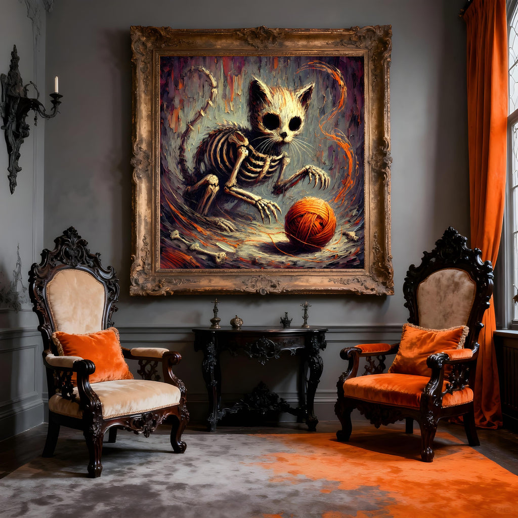 Skeleton Kitten Gothic Art Print: Macabre Halloween Decor (Digital Download)