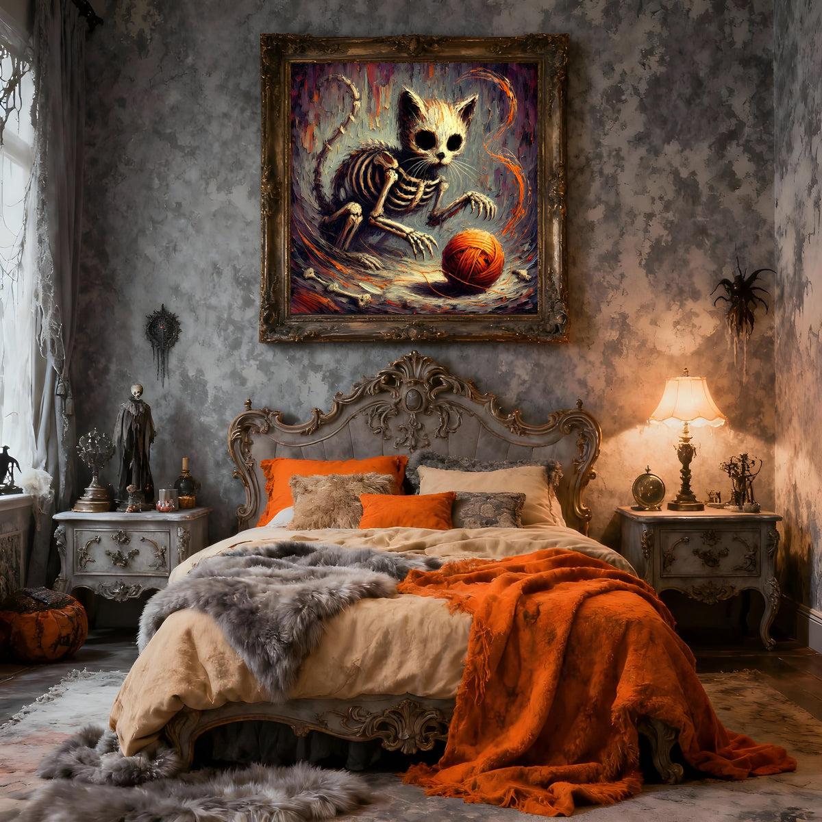 Skeleton Kitten Gothic Art Print: Macabre Halloween Decor (Digital Download)