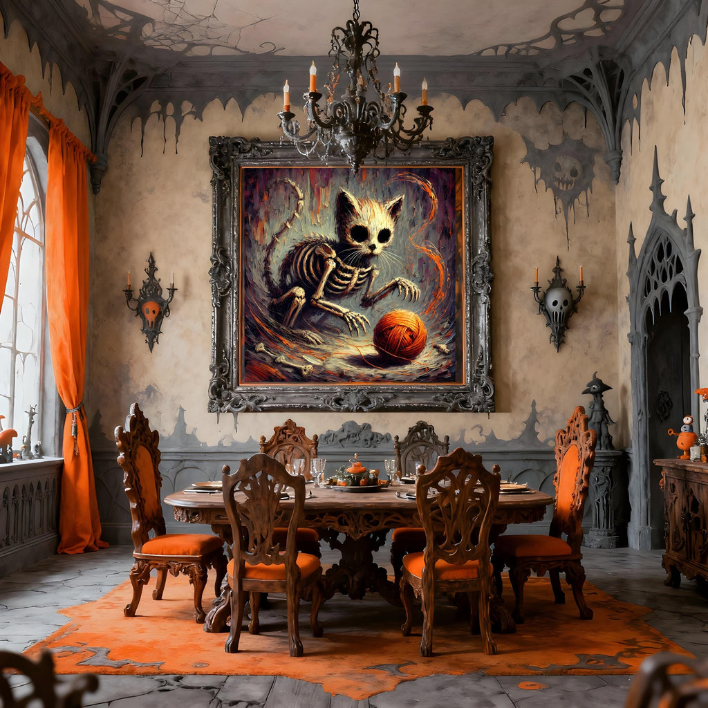 Skeleton Kitten Gothic Art Print: Macabre Halloween Decor (Digital Download)