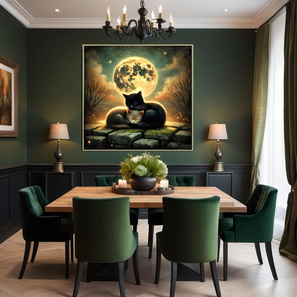 Gothic Black Cats Wall Art: Cozy Halloween Moon Printable Decor (Digital Download)