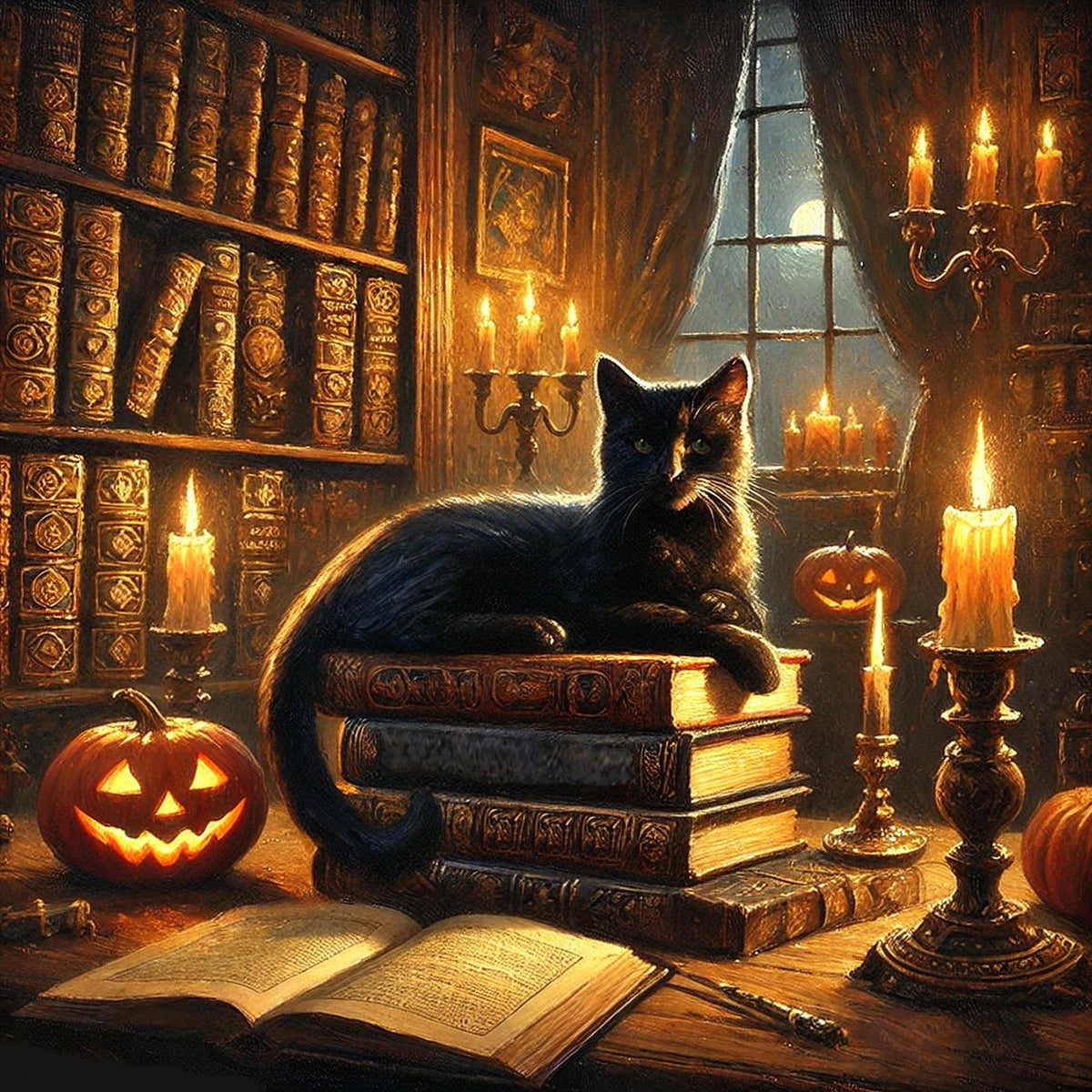 Black Cat Library Halloween Print: Gothic Witch Decor (Digital Download PNG)