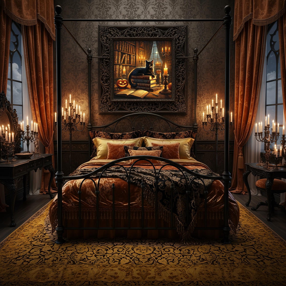 Black Cat Library Halloween Print: Gothic Witch Decor (Digital Download PNG)