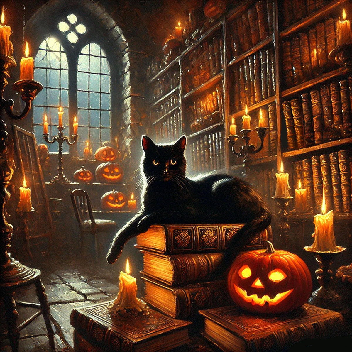 Black Cat Halloween Library Art Print: Gothic Bookroom Scene (Digital Download)
