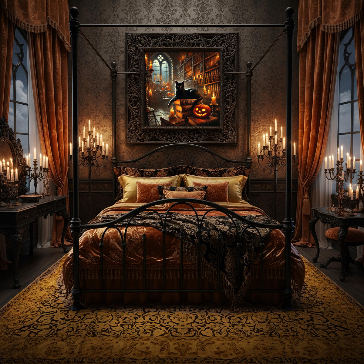 Black Cat Halloween Library Art Print: Gothic Bookroom Scene (Digital Download)