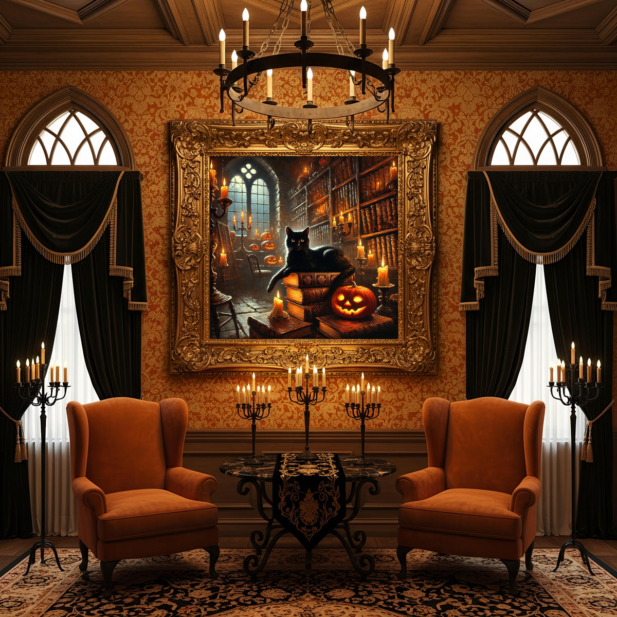Black Cat Halloween Library Art Print: Gothic Bookroom Scene (Digital Download)