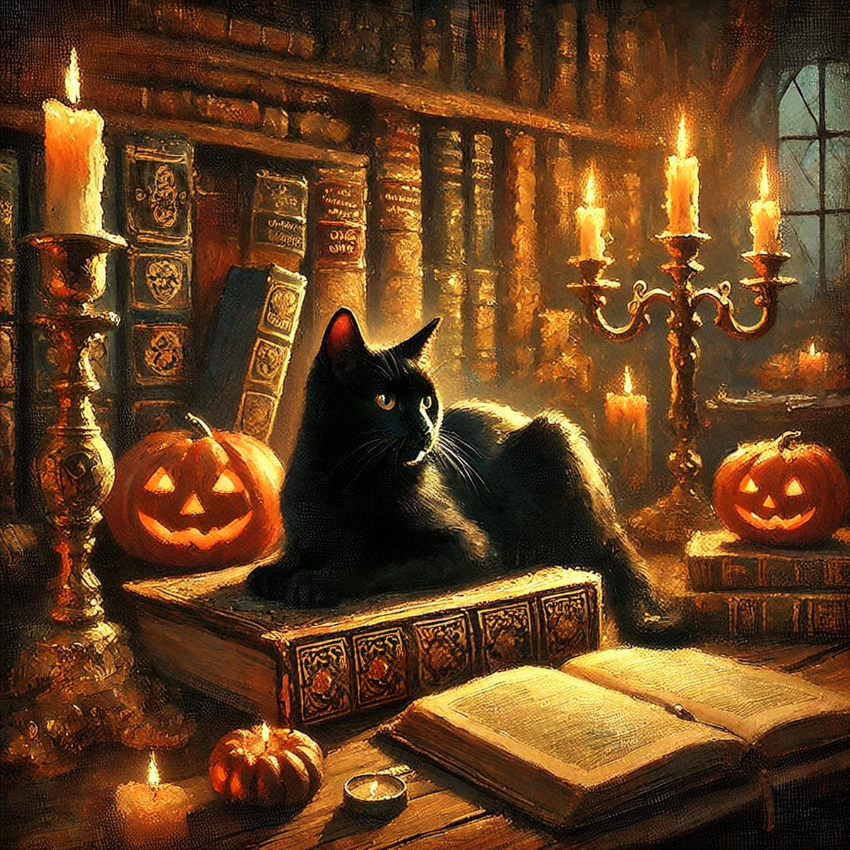 Black Cat Halloween Print: Spooky Library Scene, Witchy Decor (Digital Download)