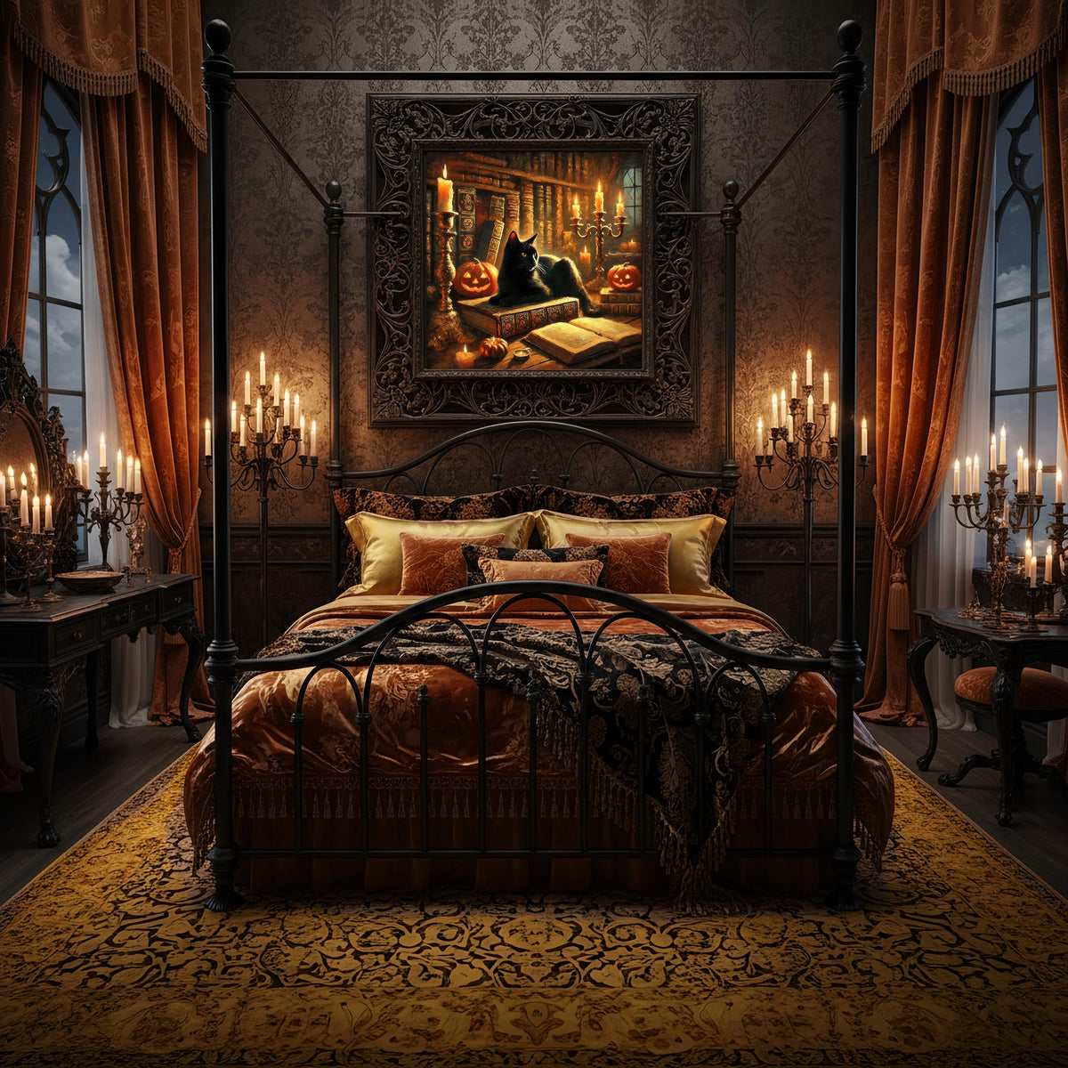 Black Cat Halloween Print: Spooky Library Scene, Witchy Decor (Digital Download)