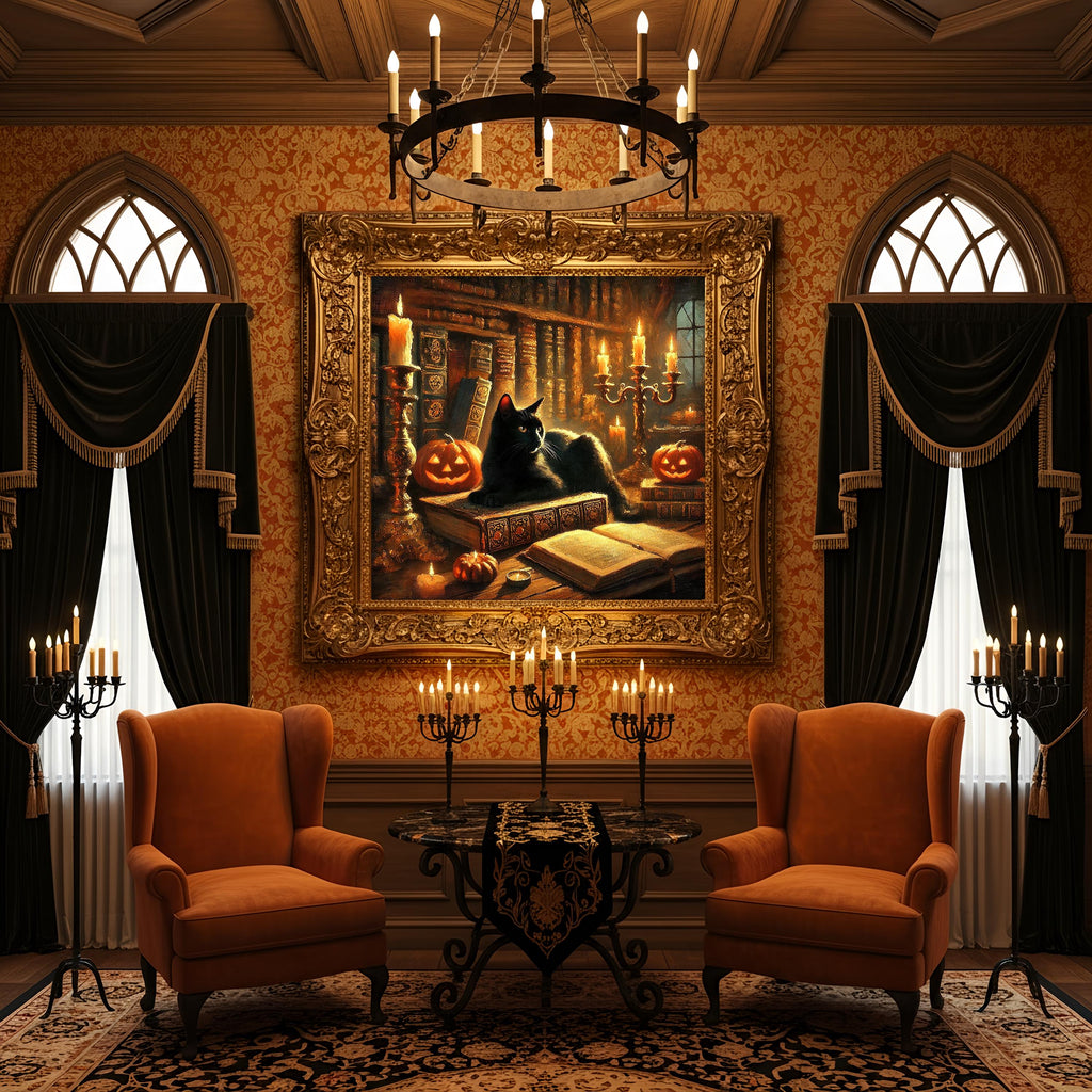 Black Cat Halloween Print: Spooky Library Scene, Witchy Decor (Digital Download)