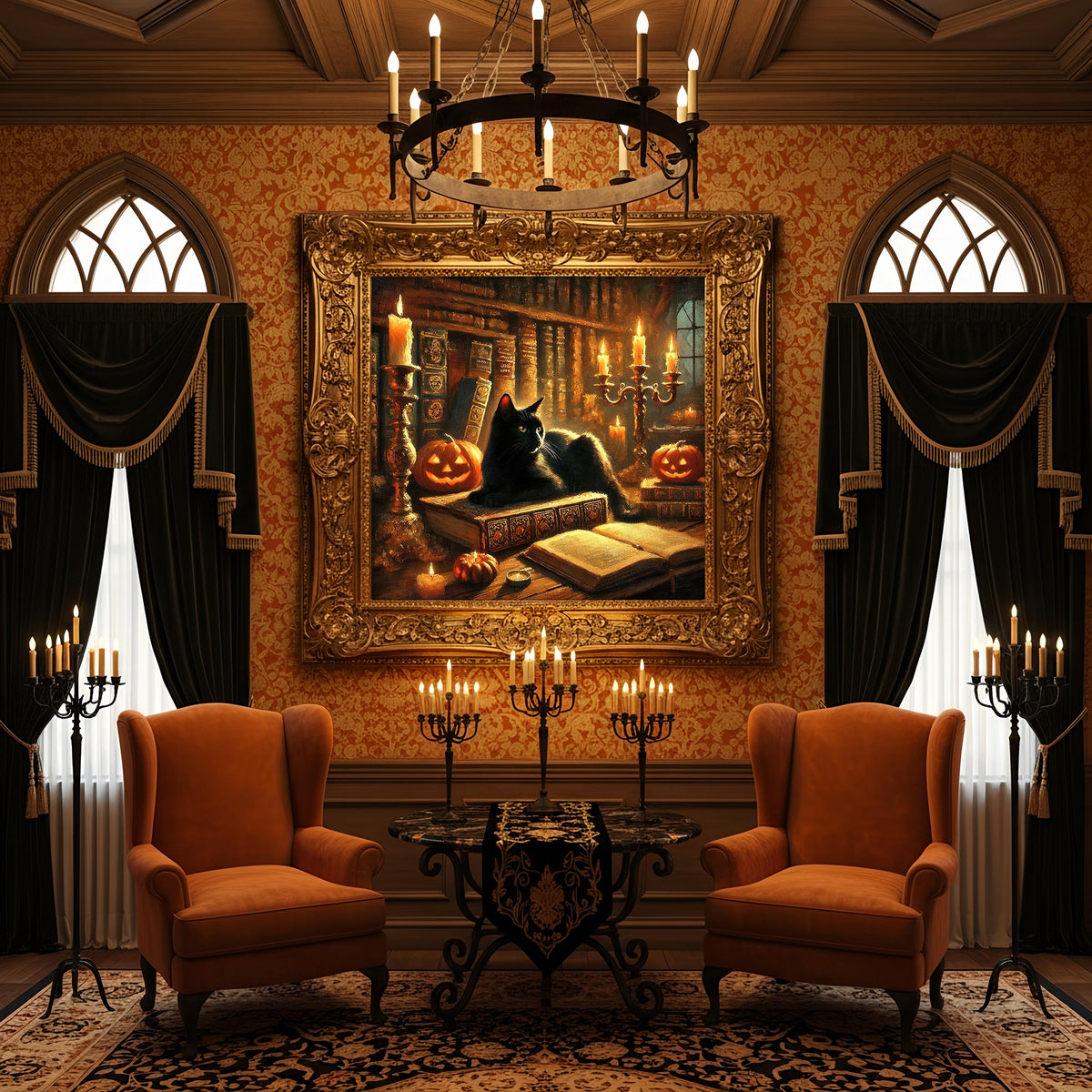 Black Cat Halloween Print: Spooky Library Scene, Witchy Decor (Digital Download)