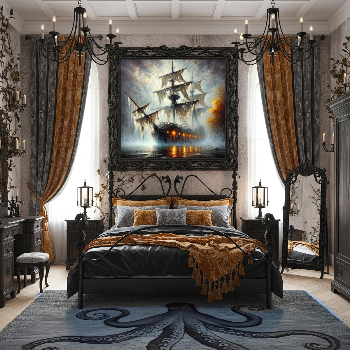 Haunted Pirate Ship Art: Spooky Halloween Galleon Print (Digital Download)