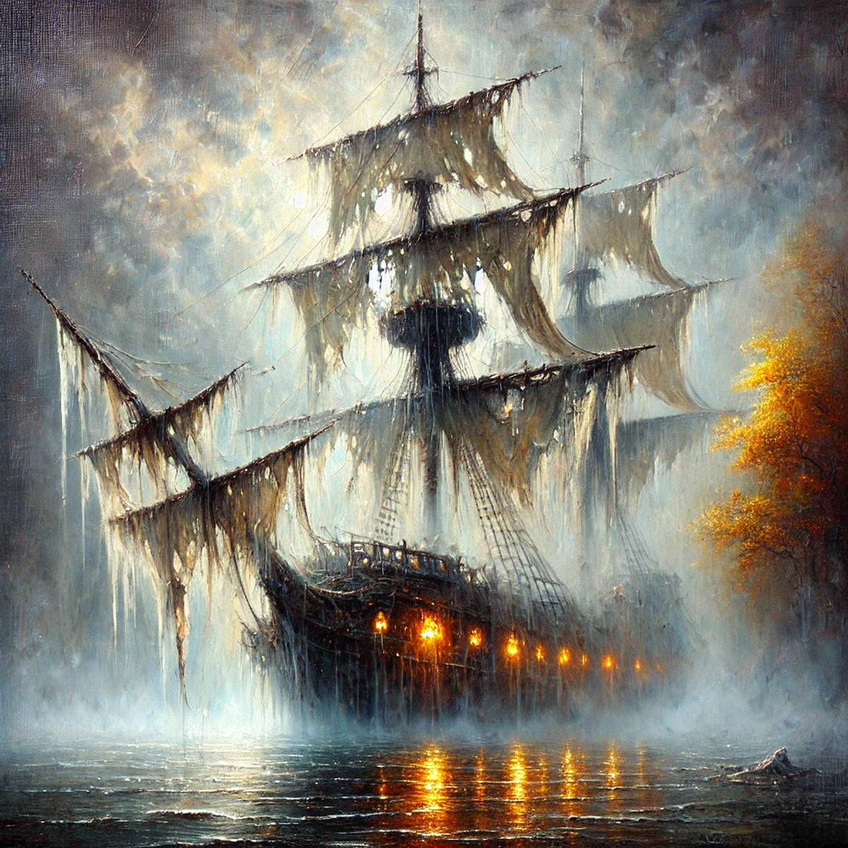 Haunted Pirate Ship Art: Spooky Halloween Galleon Print (Digital Download)