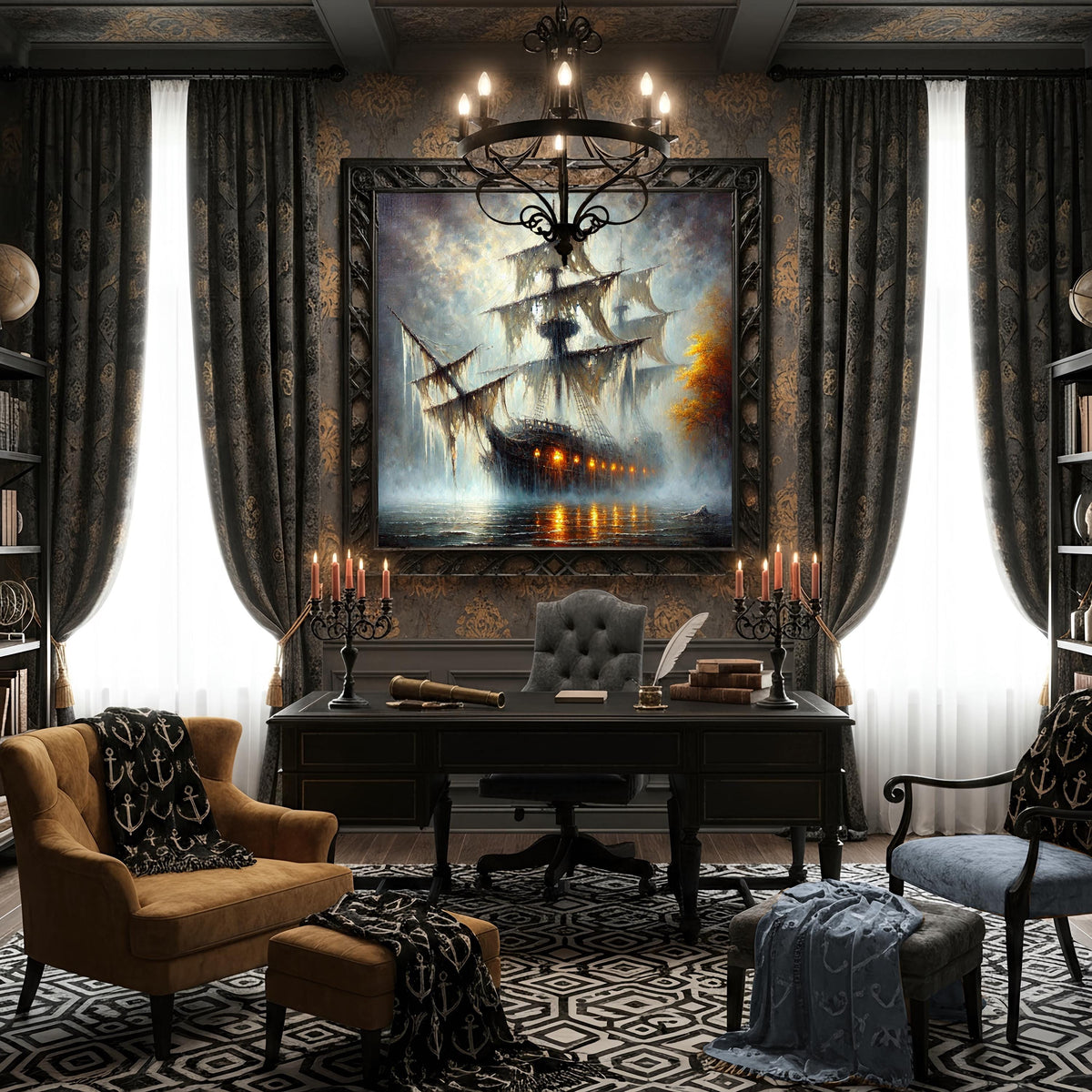 Haunted Pirate Ship Art: Spooky Halloween Galleon Print (Digital Download)