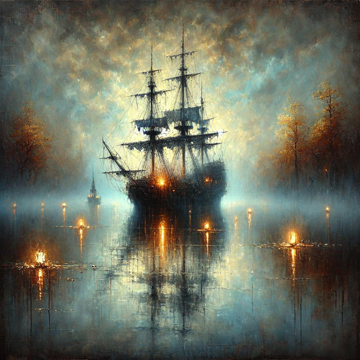 Haunted Ghost Ship Digital Print: Spooky Halloween Pirate Art (download)