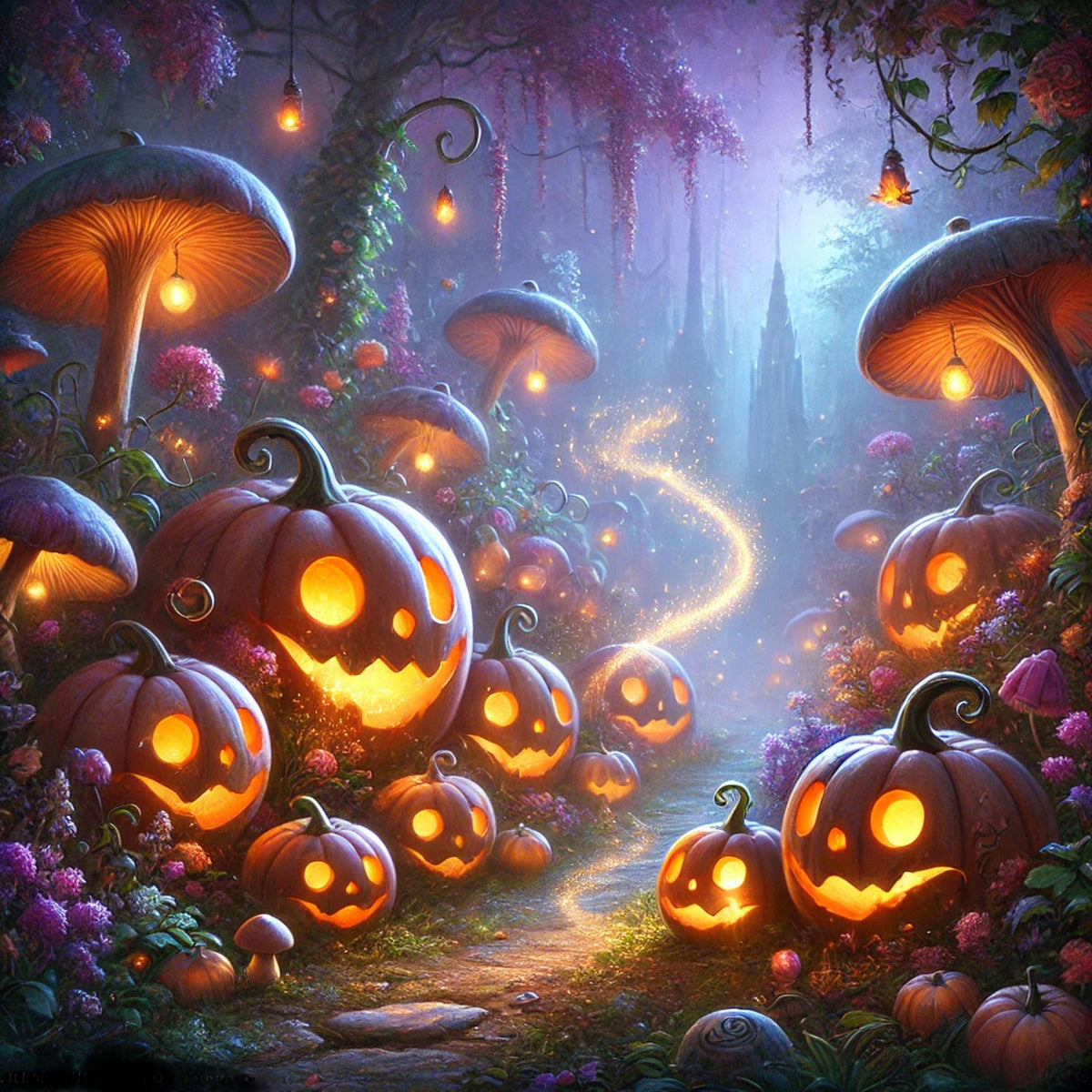 Whimsical Pumpkin Forest Print: Halloween Jack-o'-Lantern Path (Digital Download)