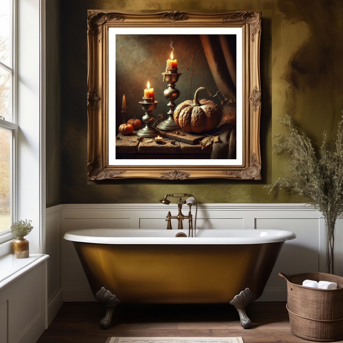 Rustic Pumpkin Candle Still Life: Autumn Farmhouse Print (Digital Download)