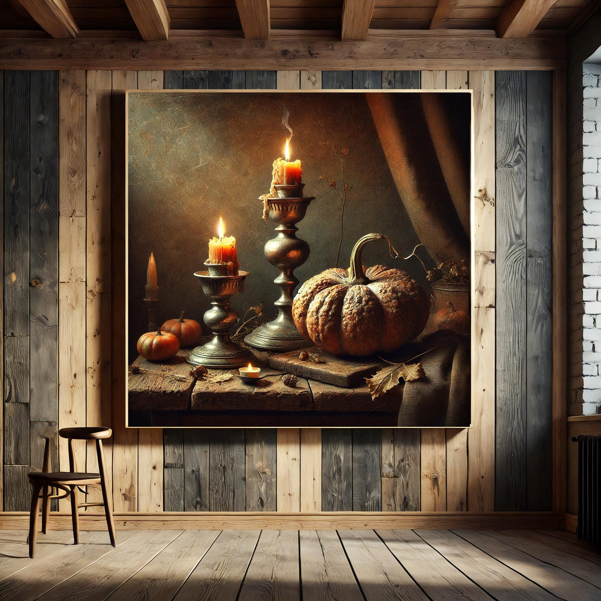 Rustic Pumpkin Candle Still Life: Autumn Farmhouse Print (Digital Download)