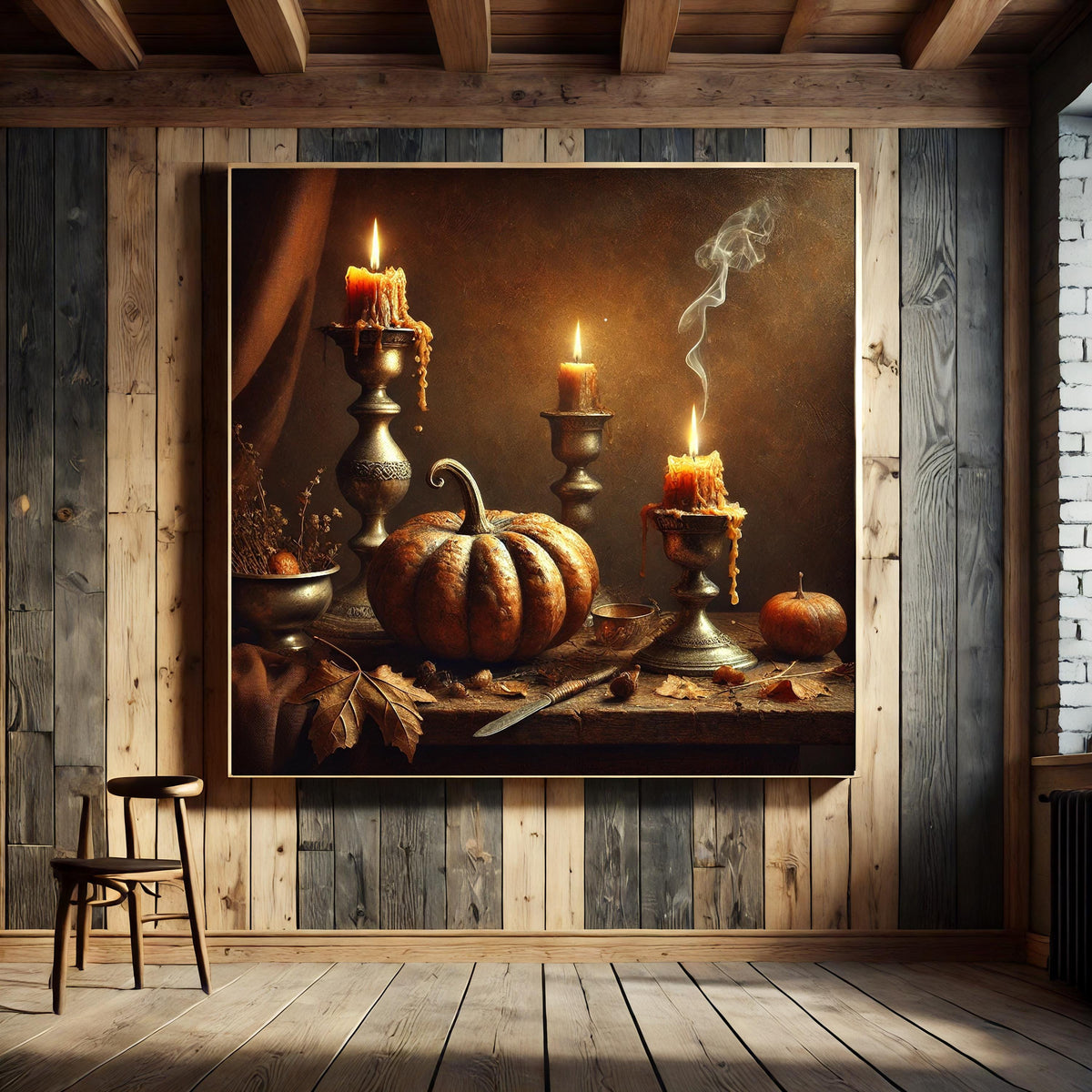 Vintage Pumpkin Candle Still Life: Rustic Autumn Wall Art (Digital Print)