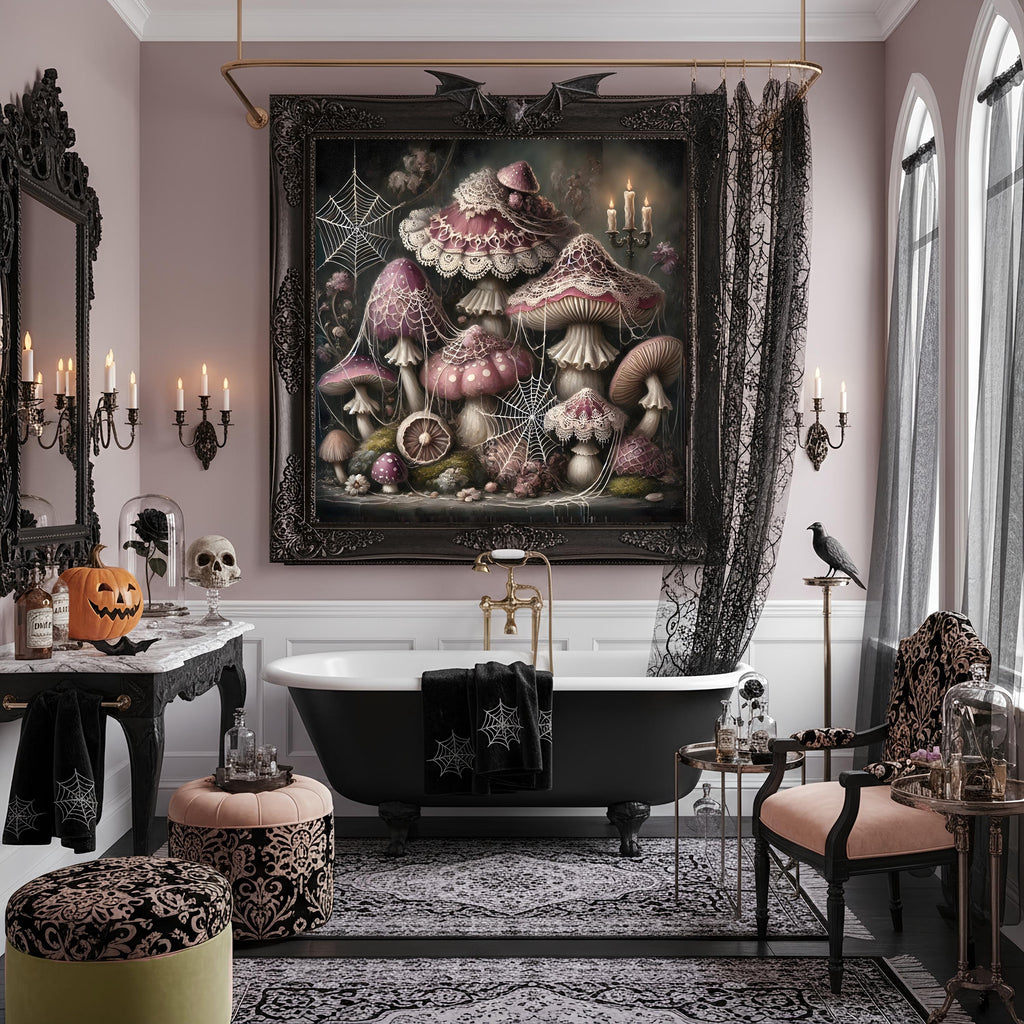 Gothic Mushroom Art Print: Whimsical Spiderweb Halloween Decor (Digital Download)