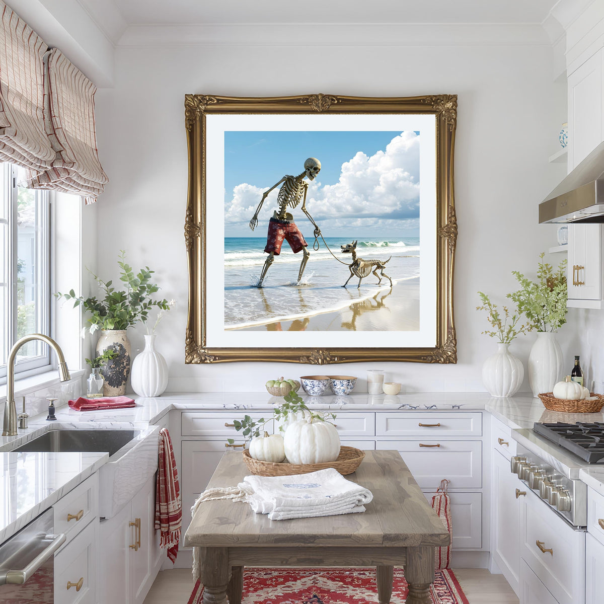 Skeleton Man Walking Dog Beach Print: Funny Gothic Halloween Decor (Digital Download)
