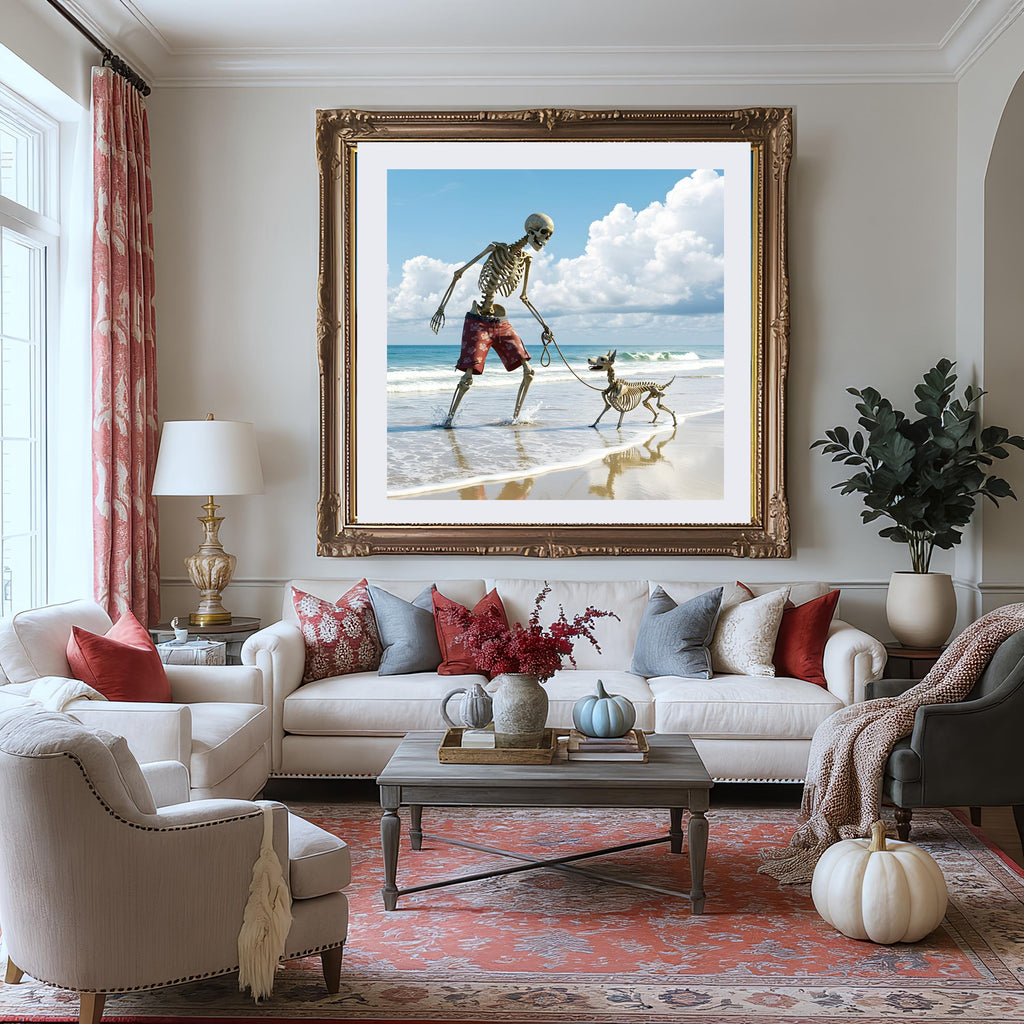 Skeleton Man Walking Dog Beach Print: Funny Gothic Halloween Decor (Digital Download)
